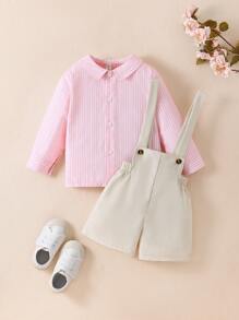 SHEIN 2pcs/Set Boys Daily Lapel Long Sleeve Striped Shirt + Adjustable Waistband Loose Straight Shorts Set, Casual And Fashionable - Multicolor - View 2