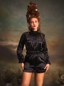 PinupGlam Vintage Palast-Stil Taft-Langarm-Shorts-Damen-Nachtwäsche-Pyjama-Set
