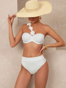 Swim Chiccia 女士纯色钢圈 3D 花卉单肩比基尼泳装套装，适合夏季海滩度假，适合夏季海滩度假 - 白色 - 查看 4