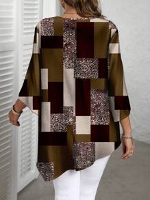 EMERY ROSE Plus Size Plaid Print Casual Minimalist Allover Print Long Sleeve Shirt, Spring/Autumn Chic Blouses For Women - Multicolor - View 2