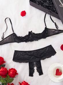 2 件套女士蝴蝶结装饰性感钢圈文胸套装，坏蛋造型 - 黑色 - 查看 1