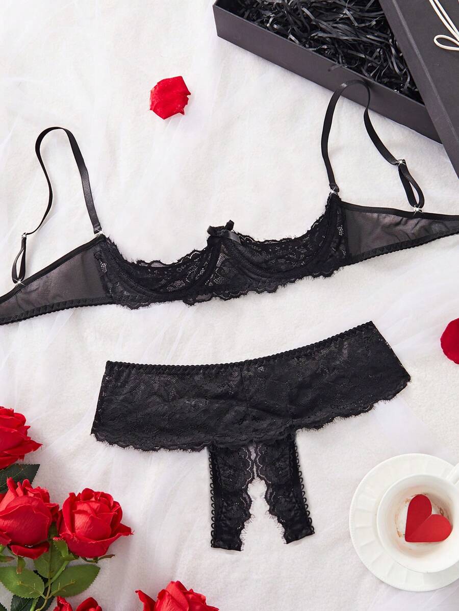 2 件套女士蝴蝶结装饰性感钢圈文胸套装，坏蛋造型 - 黑色 - 查看 1