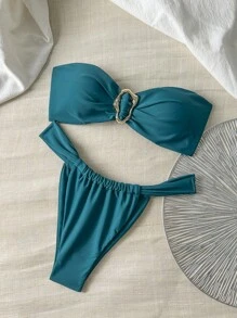 Swim Chiccia Springbreak Women Solid Bandeau Metal Decor And Thong Bikini Swimwear Set, Sexy Summer Beachwear