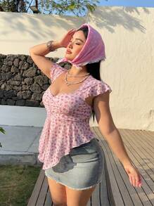 Sunnyshic Plus Size Women's Vacation Ditsy Floral Cap Sleeve Ruffle Hem Blouse - Multicolor - View 6