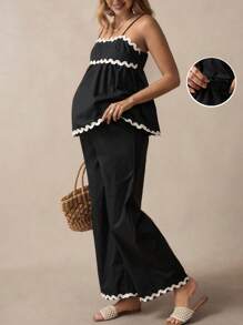 Boho Mama 波西米亚可调节吊带背心和阔腿裤两件套孕妇装 - 黑色 - 查看 1