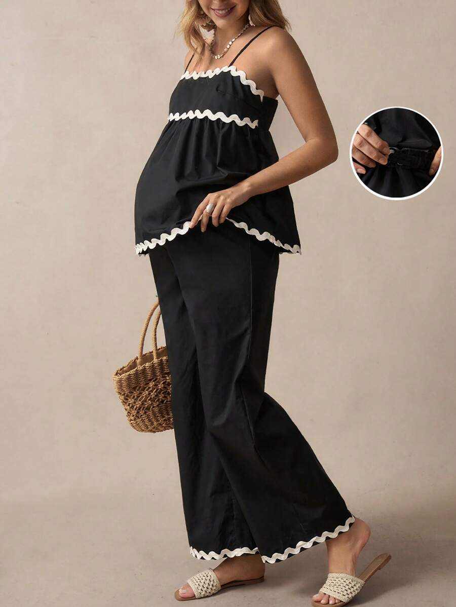 Boho Mama 波西米亚可调节吊带背心和阔腿裤两件套孕妇装 - 黑色 - 查看 1