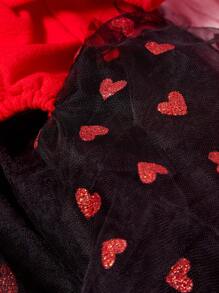 PETSIN 1pc Pet Universal Red Puff Sleeve Patchwork Black Gold Foil Red Heart Print Dog Princess Dress - Red - View 4