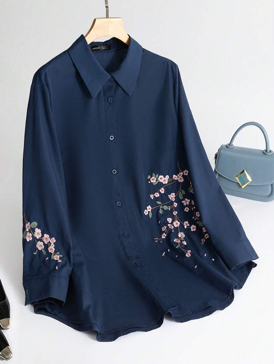 Modelyn 女士休闲花卉刺绣长袖衬衫 - 藏蓝色 - 查看 1