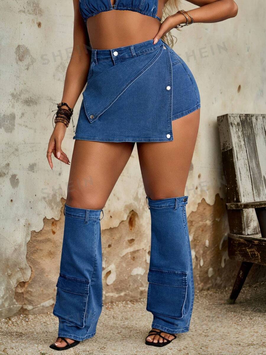 SHEIN SXY Jeans vaqueros de estilo cowgirl con diseño de cobertura frontal sexy para mujer de talla grande
