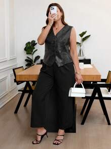 SHEIN Frenchy Plus Size Fashionable Casual PU Leather Women's Old Money Blouse, Suitable For Office, Commute, Music Festivals, And Everyday Wear - Black - View 6