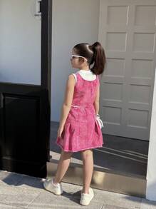 Tween Girls 时尚水洗牛仔背心，松紧腰身，拉链门襟和磨损下摆，搭配褶皱迷你裙 - 粉色 - 查看 9