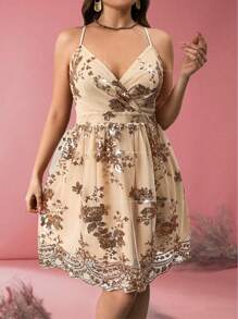 SHEIN Unity 大码性感亮片刺绣网眼后背镂空齐膝紧身派对连衣裙，适合夏季 - 彩色 - 查看 3