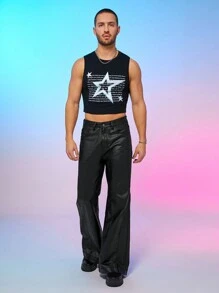 FeverCity Men's Star Pattern Sleeveless Cropped Tank Top - Black - View 2