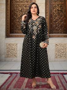 Al Najma 大码女式 V 领长袖花卉印花休闲阿拉伯连衣裙 - 黑色 - 查看 1