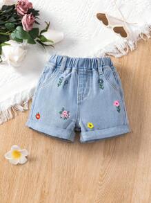 Baby Girls Cute Simple Elastic Waist Frilled Edge Bleached Denim Floral Embroidery Shorts - Light Wash - View 1