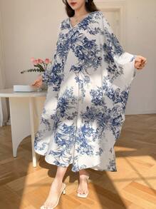 DAZY 女士全身印花宽松中长连衣裙，秋季长袖连衣裙，度假装扮，女士复活节长款连衣裙 - 藍色 - 查看 9