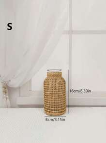 1pc Woven Cylindrical Glass Vase, Home Desktop Decorative Planter - Brown - View 3