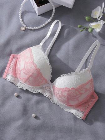 Dream Adore Color Block Lace Patchwork Underwire Padded Butterfly Decor Women Lingerie Bra, Kawaii
