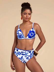 Travachic 女士印花比基尼上衣和下装，休闲泳装套装，适合夏季海滩度假 - 藍白色 - 查看 6