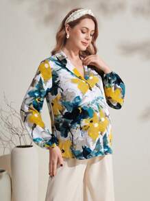 SHEIN Maternity Front Button Long Sleeve Printed Casual Blouse, For Everyday Wear - Multicolor - View 5