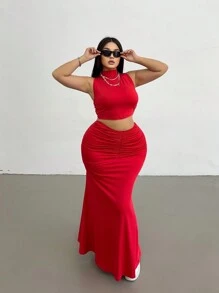 Flirla Plus Size Women 2pcs/Set Waist Skirt & Casual Top - Red - View 3