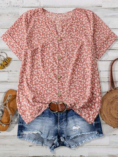 Linhara Blusa casual romántica con estampado floral ditsy rosa para mujer talla grande, primavera/verano