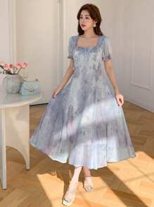 DAZY Women's Midi Length Dress With Allover Floral Print, Square Neckline And Ruffle Hem
