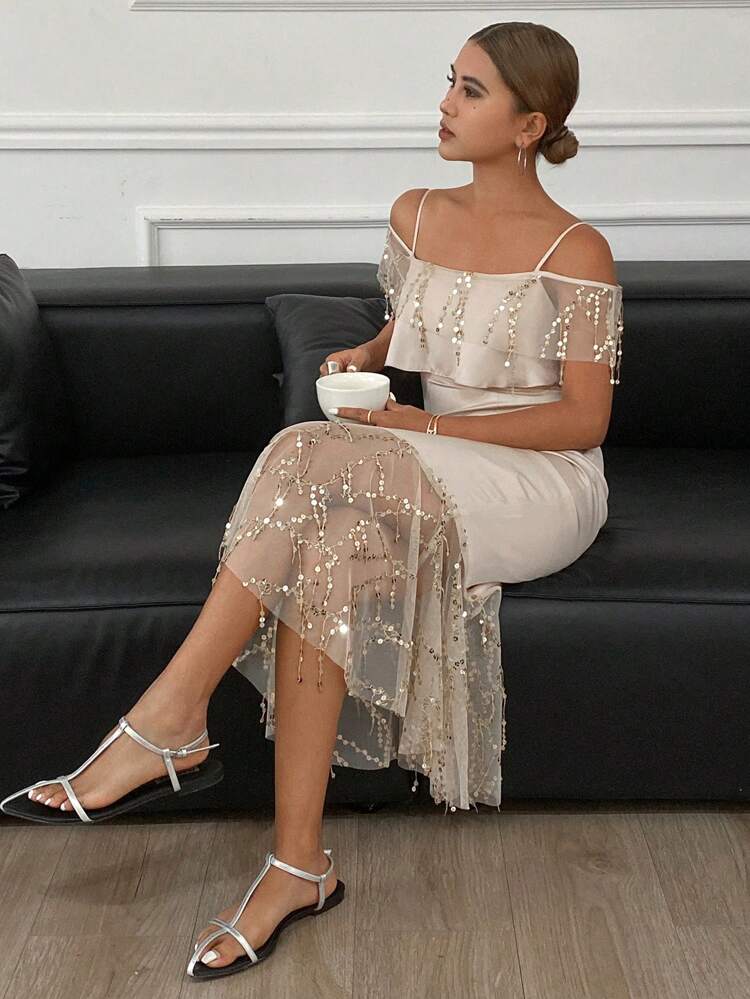 Women's Sequin Ruffle Hem Fitted Off Shoulder Mermaid Midi Dress Prom Dress Party Women Homecoming Dresses Luxury Carnival Sparkly Dress