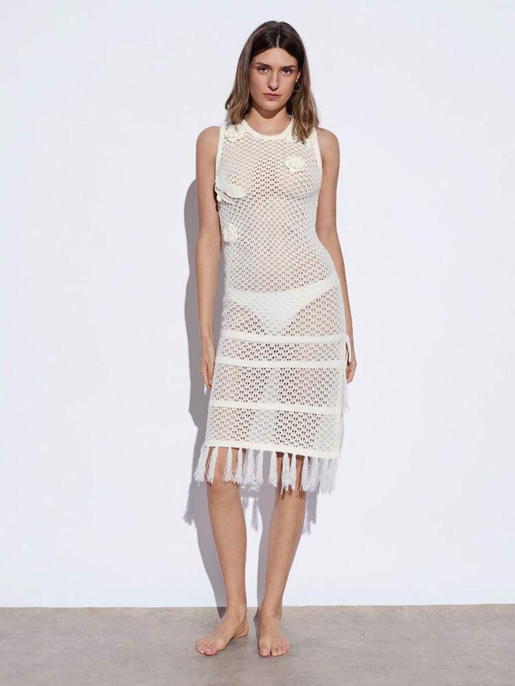 SHEIN Maija 2025 Summer New White Crochet Lace-Up Tassel Hem Bohemian Dress, Romantic Urban Resort Wear Suitable For Music Festivals, Beach Vacations, Parties, Weddings, Graduation, Daily Casual