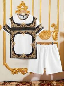 Manfinity Homme Męski graficzny nadruk, okrągły dekolt, krótki rękaw, top i spodenki, swobodny strój