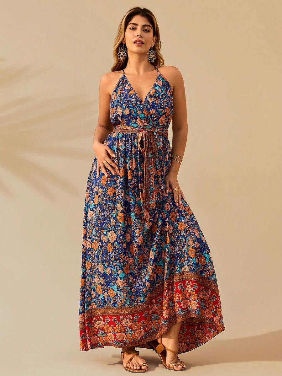 Breezaya Plus Size Women Floral Print Vintage Halter Neck Dress, Vacation Style - Multicolor - View 1