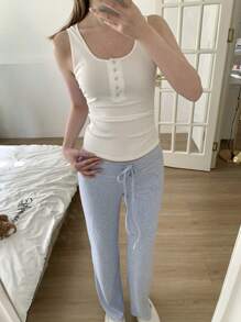 SHEIN EZwear 女士保暖内衬舒适居家长裤，蓝色，适合秋冬季 - 淺藍色 - 查看 6