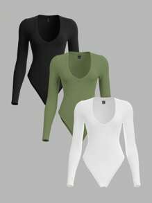 SHEIN BASICS Set de 3 bodys de mujer de manga larga con escote de corazón, unicolor y ajustado, de estilo casual - Verde militar - Ver 1