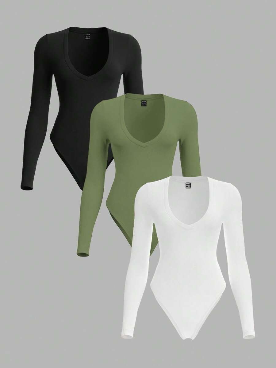 SHEIN BASICS Set de 3 bodys de mujer de manga larga con escote de corazón, unicolor y ajustado, de estilo casual - Verde militar - Ver 1