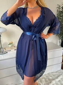 SHEIN 大码纯色蕾丝拼接休闲家居服套装 - 藏蓝色 - 查看 4