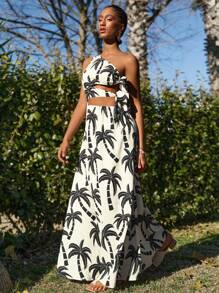 Travachic 女士度假休闲镂空系带前开襟连衣裙，饰有椰子树印花 - 黑與白 - 查看 7