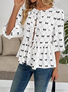 SHEIN LUNE Blusa de mujer con cuello redondo de manga corta y estampado de moño, de diseño minimalista y calce holgado, en estilo dulce, para primavera/verano