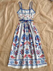 Soleia Mid-Length V-Neck Backless Tie-Front Print Vacation Dress - Multicolor - View 2