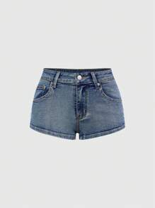 ROMWE Grunge Punk Y2K Retro Women Ultra Low-Rise Super Short Butt Pocket Star Patch Super Low Waist Denim Shorts - Blue - View 2