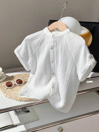 SHEIN 1 pieza Camisa de manga corta con cuello alto de unicolor, estilo escolar casual para niño pequeño, versátil y cómoda, adecuada para volver al colegio, fiestas de cumpleaños, fiestas de noche, actuaciones, bodas, bautizos, ceremonias de apertura, uso diario, escuela, viajes, deportes, primavera y verano