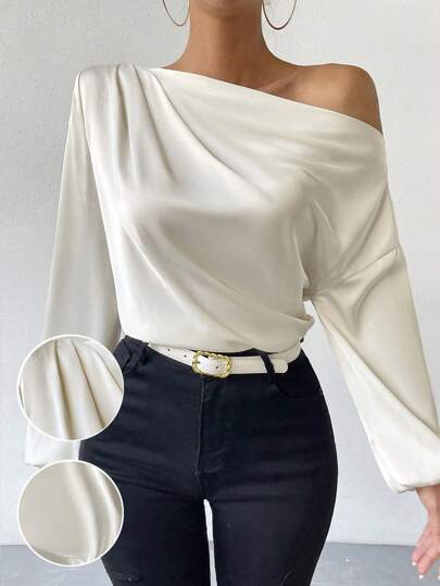 RosyDaze Blusa de satén con manga farol y cuello asimétrico, top de un solo hombro para mujer, ropa de otoño