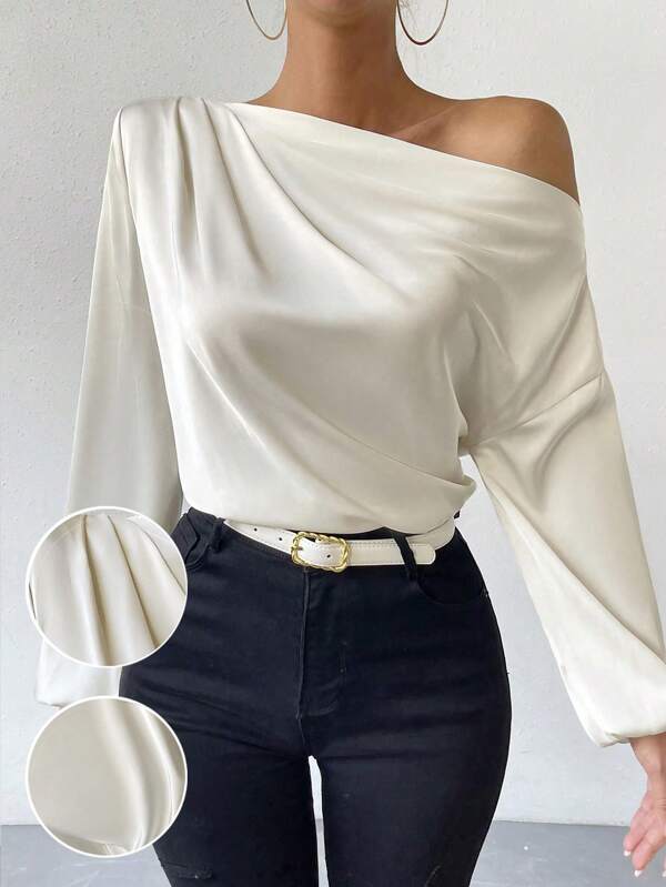 RosyDaze Blusa de satén con manga farol y cuello asimétrico, top de un solo hombro para mujer, ropa de otoño