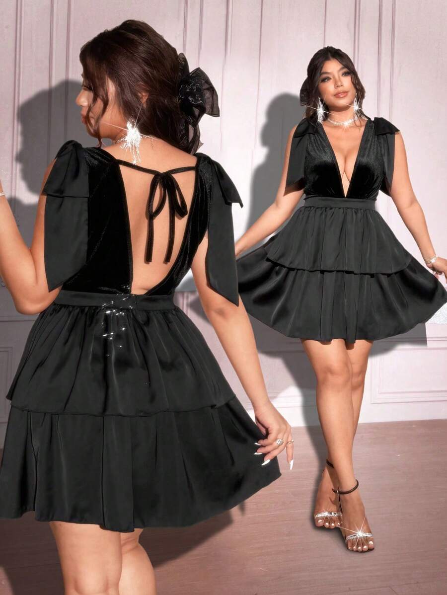 Viva Relle Plus Size Women's Sexy Deep V-Neck Solid Velvet Patchwork Empire Waist Ruffle Hem Mini Dress, Suitable For Night Dates/Parties,Valentine - Black - View 1