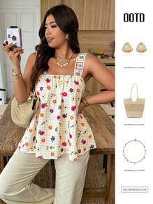 Weeklong Débardeur à motif carreaux et micro-fleurs pour femmes grande taille avec broderie