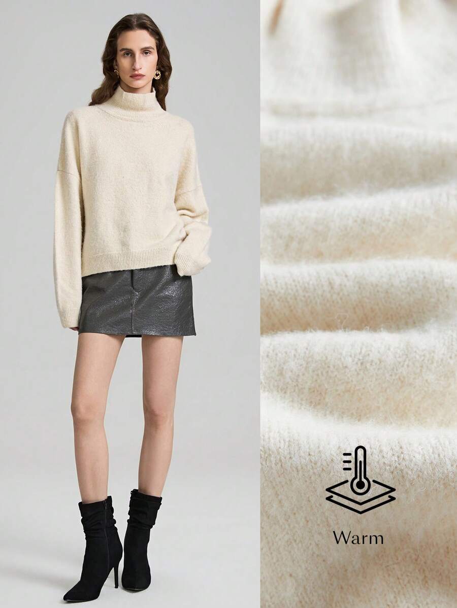 Ontre Long Sleeve Turtleneck Old Money Style Sweater, Women Fuzzy Cashmere Feel Sweater, Cozy Homewear, Milky White Color, Suitable For Spring - White - View 1