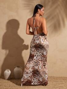 Vixey 动物图案镂空细节露背挂脖长裙，豹纹，露背 - 彩色 - 查看 5