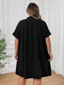 SHEIN CURVE+ Plus Size Spring And Summer Split Neckline Black Elegant Short Sleeved Black Dress With Hollowed Out Details - Black - View 2