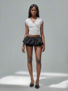 TRNVIE 女式圆点印花网眼蕾丝边 V 领腰部 T 恤