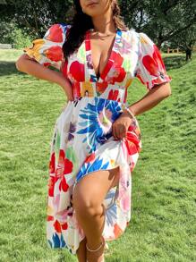 Breezaya Vestido de vacaciones con mangas abullonadas, cintura fruncida y estampado floral colorido en tallas grandes para mujer, primavera/verano