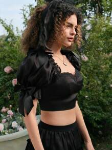 SHEIN MOD Black Organza 2 Pieces Set: Puff Sleeve Bow Chest Cup Cropped Top & Peplum Mini Skirt,Spring/Summer Outfits,Beach Outfits,Brunch Outfits,Spring Break,West,Vacation,Country,Western,Floral,Tropical,Vacation Two Pieces Set,Elegant - Black - View 6